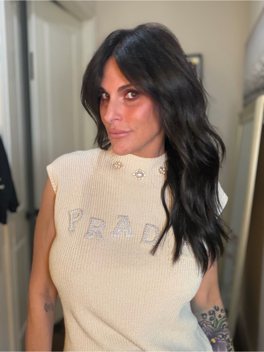 Designer INSPIRED Cream Crystal Logo Knit Shell